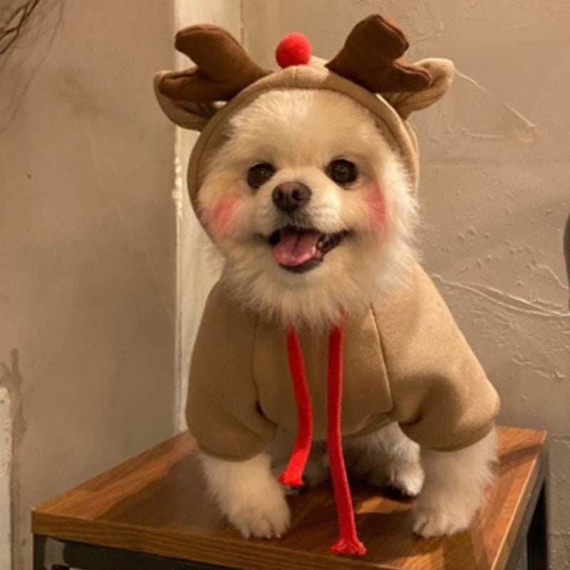 Warm Dog Sweater Christmas Elk Costume Drawstring Hooded Sweatshirt For Dogs