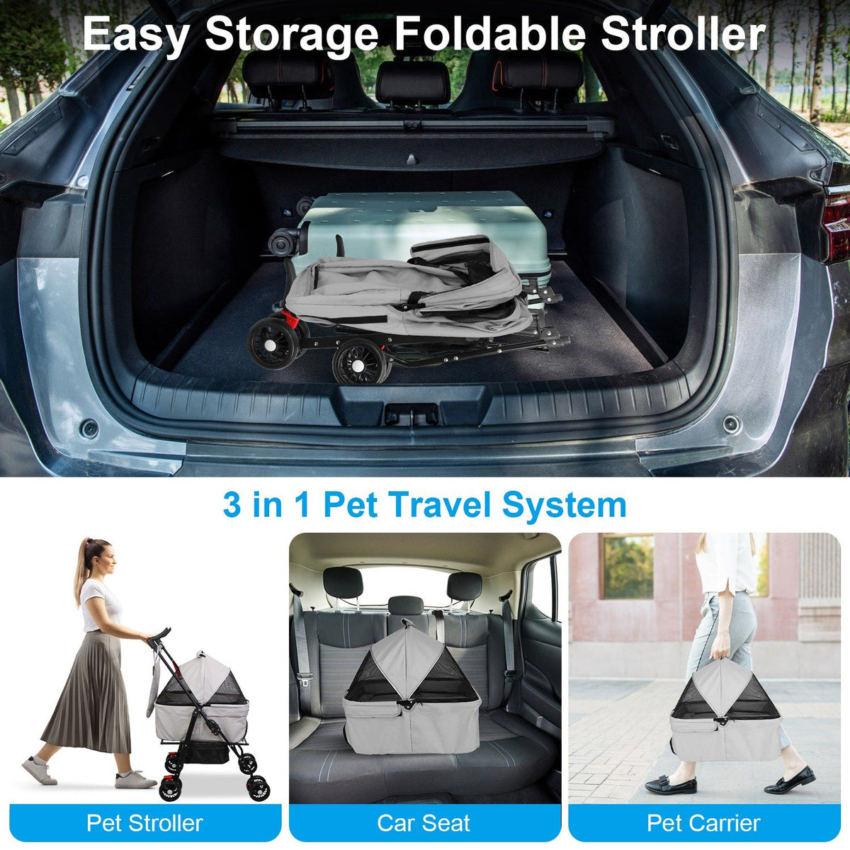 4 Wheels Pet Stroller Foldable Carrier Strolling Cart Travel Jogger with Removable Liner Storage
