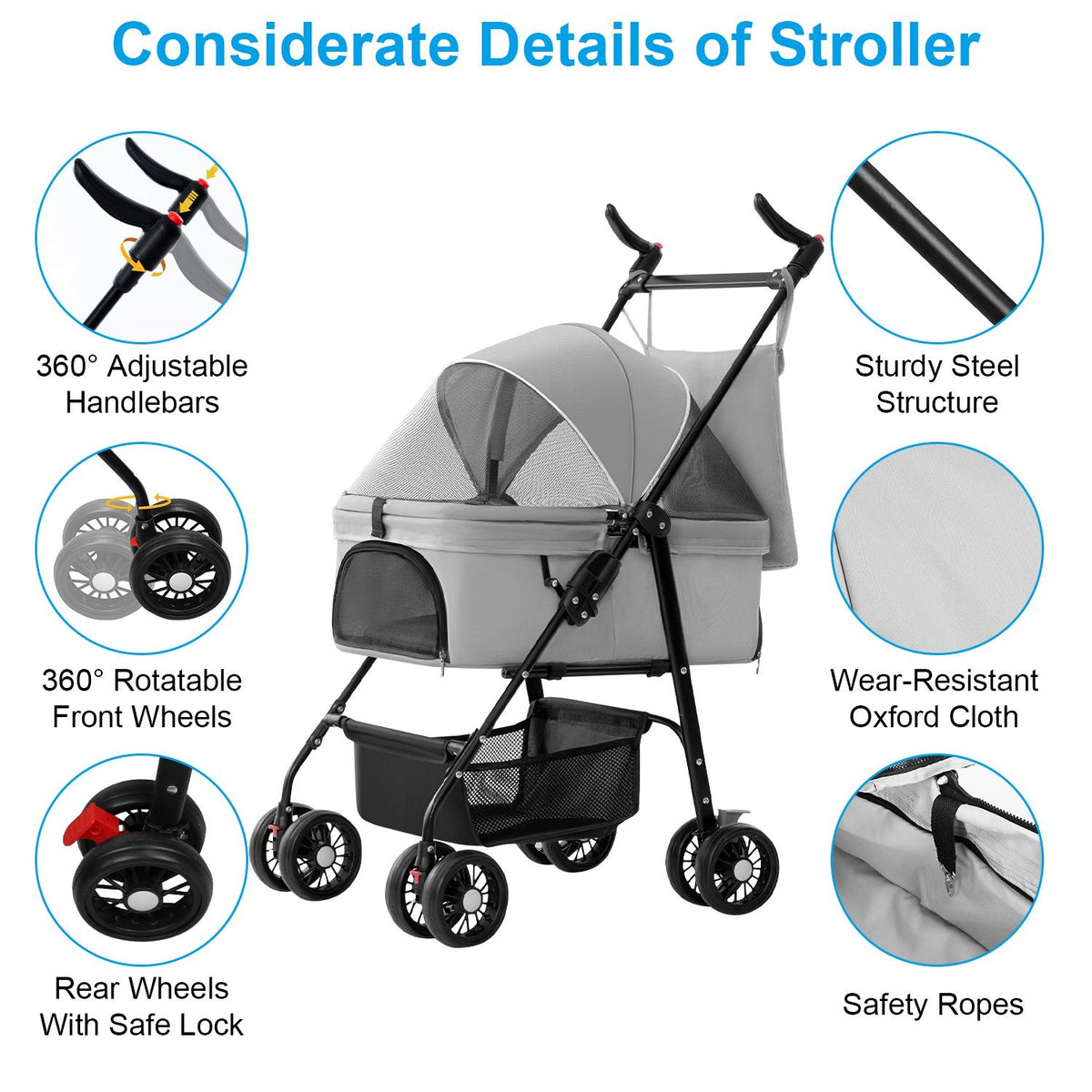 4 Wheels Pet Stroller Foldable Carrier Strolling Cart Travel Jogger with Removable Liner Storage