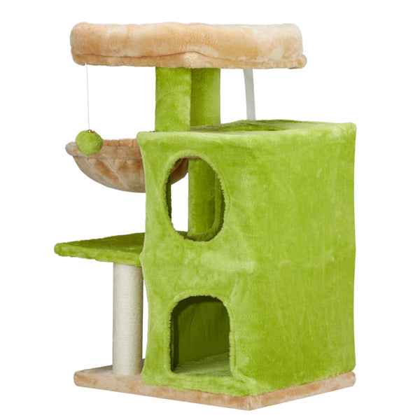 33 inch Cat Tree Cat Tower for Indoor Cats, Cat Activity Center Play House with Large Padded Perch, Hammock, 2-Tiered Condo, Scratching Posts & Dangling Ball, Yellow & Green