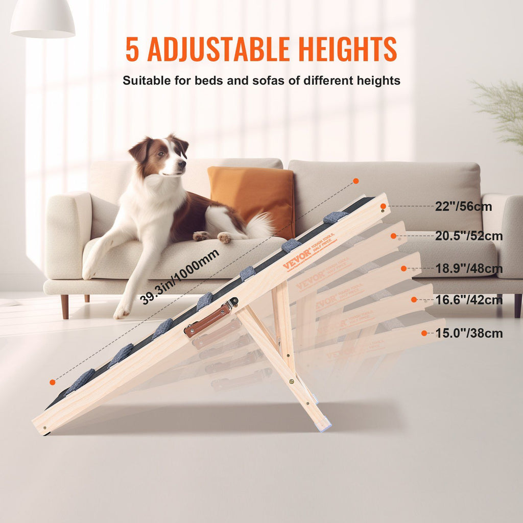 Dog Ramp, Folding Pet Ramp for Bed, Adjustable for Old Dogs & Cats, Wooden