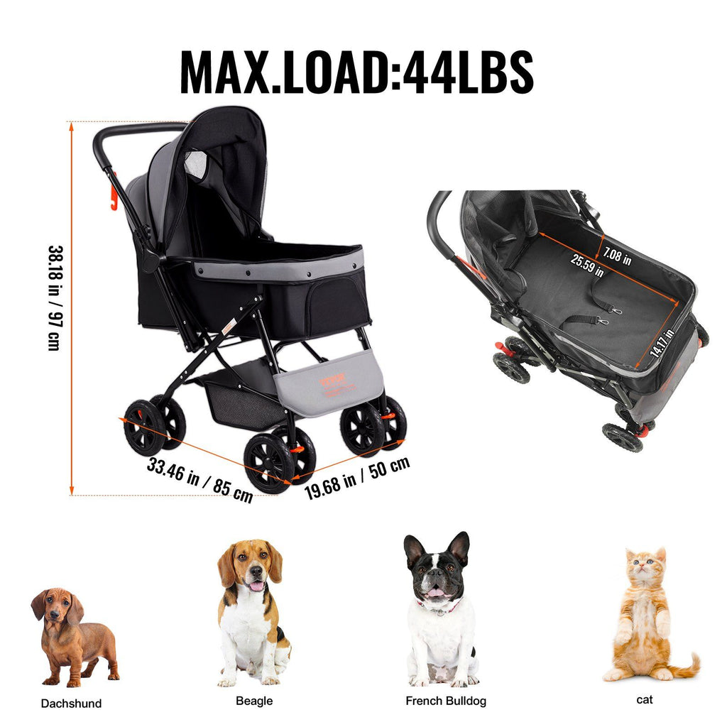 Pet Stroller, 4 Wheels Dog Stroller Rotate with Brakes, 44lbs Weight Capacity, Puppy Stroller with Reversible Handlebar, Storage Basket and Zipper, for Dogs and Cats Travel, Black+Grey