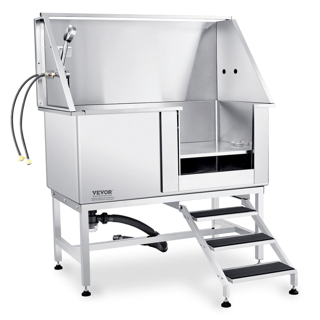 50" Pet Dog Bathing Station w/Stairs, Professional Stainless Steel Dog Grooming Tub w/ Soap Box, Faucet,Rich Accessory, Dog Bathtub for Large,Medium,Small Pets, Washing Sink for Home Right