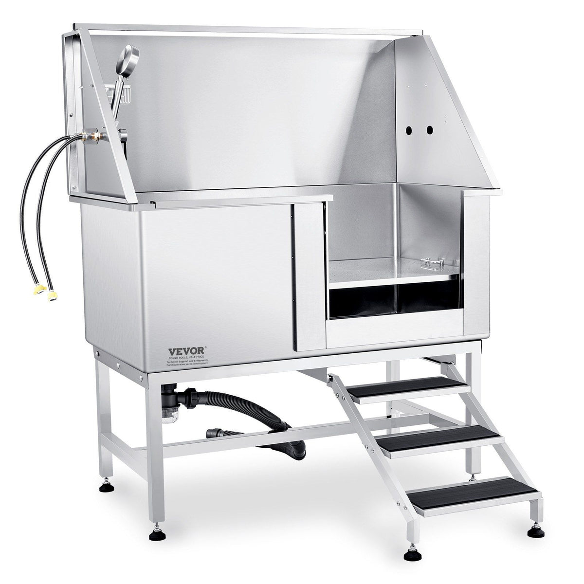 50" Pet Dog Bathing Station w/Stairs, Professional Stainless Steel Dog Grooming Tub w/ Soap Box, Faucet,Rich Accessory, Dog Bathtub for Large,Medium,Small Pets, Washing Sink for Home Right
