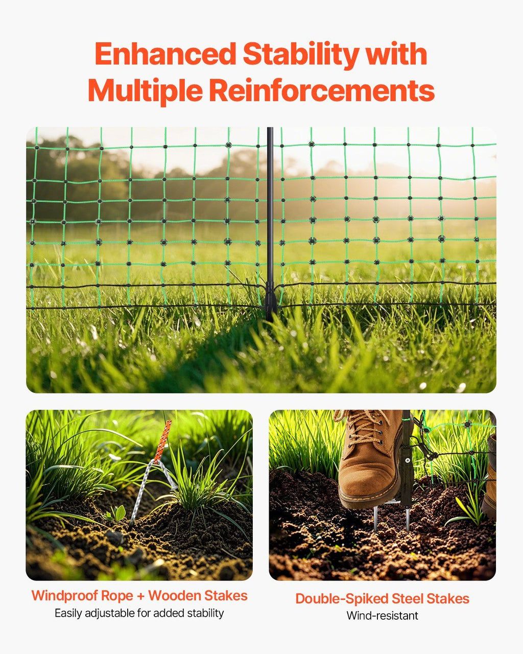 Electric Fence Netting, 42 in (H) x 164 ft (L), PE Net Fencing with Posts & Double-Spiked Stakes, Utility Portable Electric Fence for Pigs, Cows, Sheep, Deer, Used in Backyards, Farms, Ranches