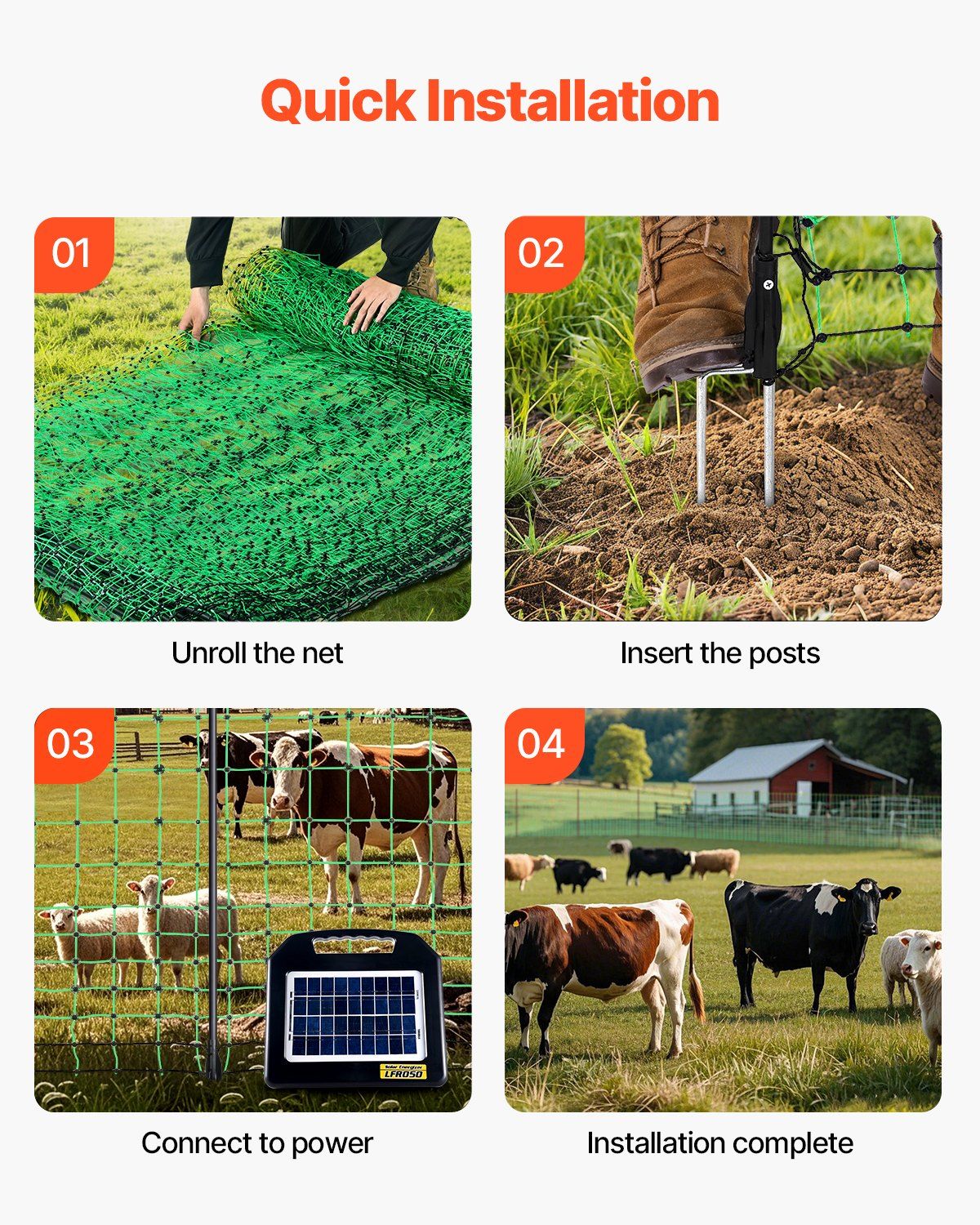 Electric Fence Netting, 42 in (H) x 164 ft (L), PE Net Fencing with Posts & Double-Spiked Stakes, Utility Portable Electric Fence for Pigs, Cows, Sheep, Deer, Used in Backyards, Farms, Ranches