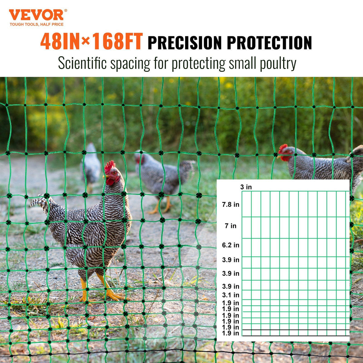 Electric Fence Netting, 48" H x 168' L, PE Net Fencing Kit with Posts & Double-Spiked Stakes, Utility Portable Mesh for Chickens, Ducks, Geese, Rabbits, Used in Backyards, Farms, and Ranches
