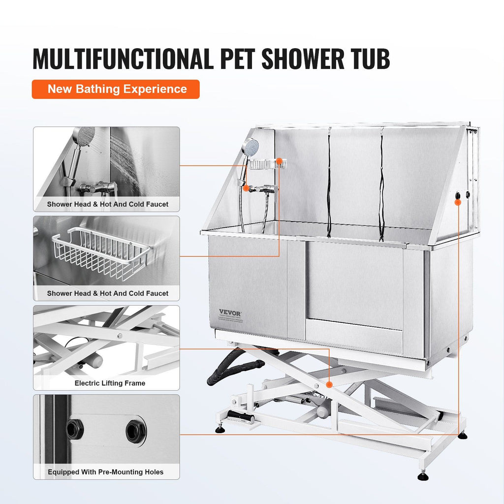 50" Pet Dog Bathing Station Electric Height Adjustment, Professional Stainless Steel Dog Grooming Tub w/ Soap Box, Faucet,Rich Accessory,Bathtub for Multiple Pets, Washing Sink for Home(Right)