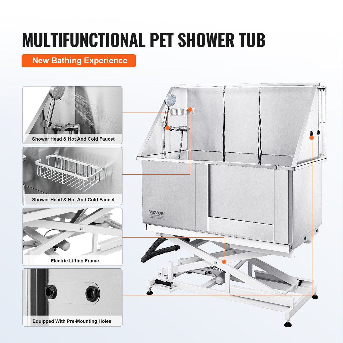 50" Pet Dog Bathing Station Electric Height Adjustment, Professional Stainless Steel Dog Grooming Tub w/ Soap Box, Faucet,Rich Accessory,Bathtub for Multiple Pets, Washing Sink for Home(Right)