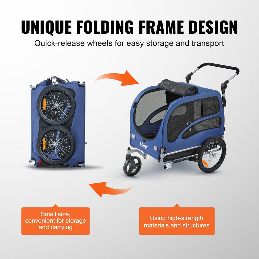 Dog Bike Trailer, Supports up to 100 lbs, 2-in-1 Pet Stroller Cart Bicycle Carrier, Easy Folding Cart Frame with Quick Release Wheels, Universal Bicycle Coupler, Reflectors, Flag, Blue/Black