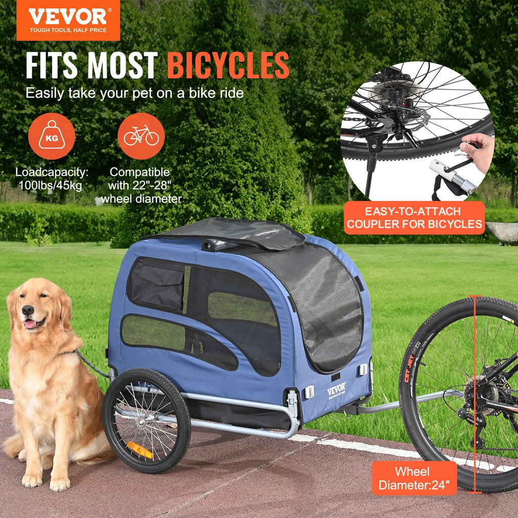 Dog Bike Trailer, Supports up to 100 lbs, Pet Cart Bicycle Carrier, Easy Folding Frame with Quick Release Wheels, Universal Bicycle Coupler, Reflectors, Flag, Collapsible to Store, Blue/Black