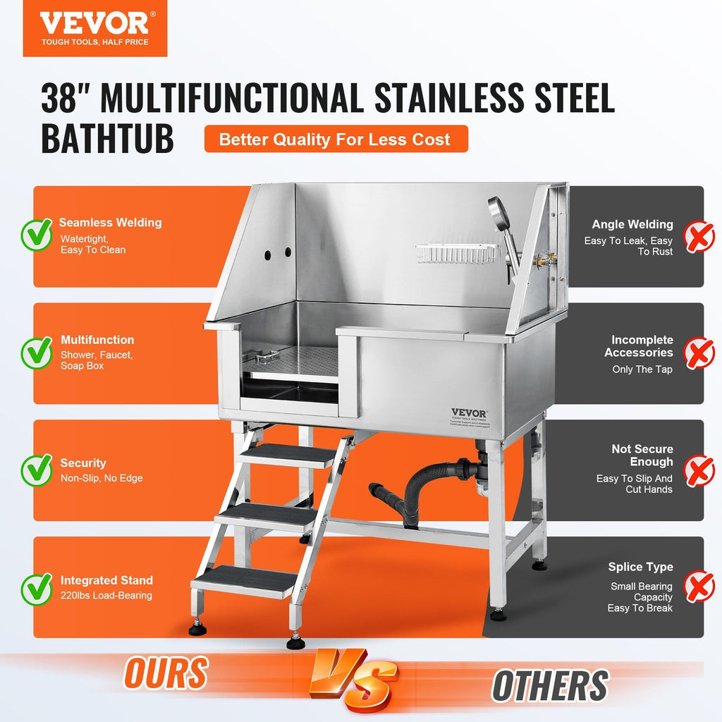 VEVOR 34" Pet Dog Bathing Station w/Ramp, Professional Stainless Steel Dog Grooming Tub w/ Storage Drawer, Faucet,Rich Accessory, Dog Bathtub for Large,Medium,Small Pets, Washing Sink for Home(Left)