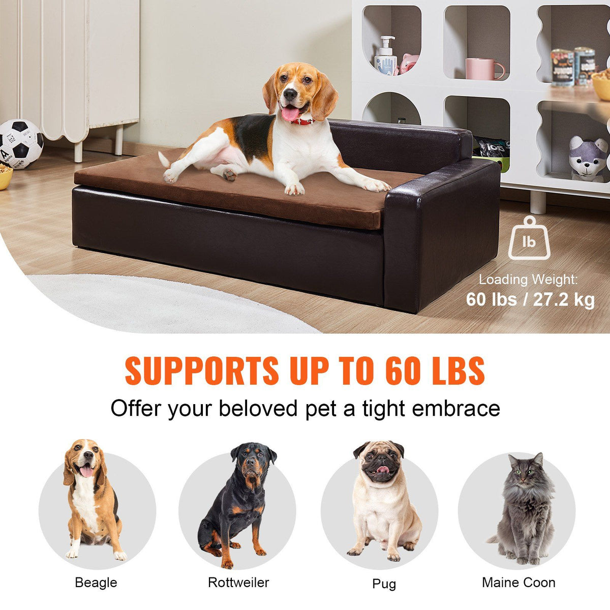 VEVOR Pet Sofa, Dog Couch for Large-Sized Dogs and Cats, Soft Leather Dog Sofa Bed, 110 lbs Loading Cat Sofa, Brown