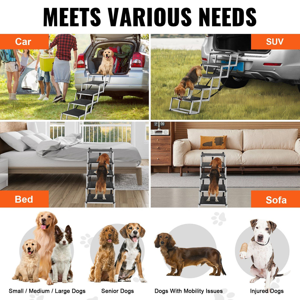 Dog Stair for Cars, Wide 5-step Dog Car Steps, Folding Dog Car Ramp with Nonslip Surface, Portable Pet Steps Lightweight Aluminum for Car, SUV and Truck, Supports up to 150 lbs