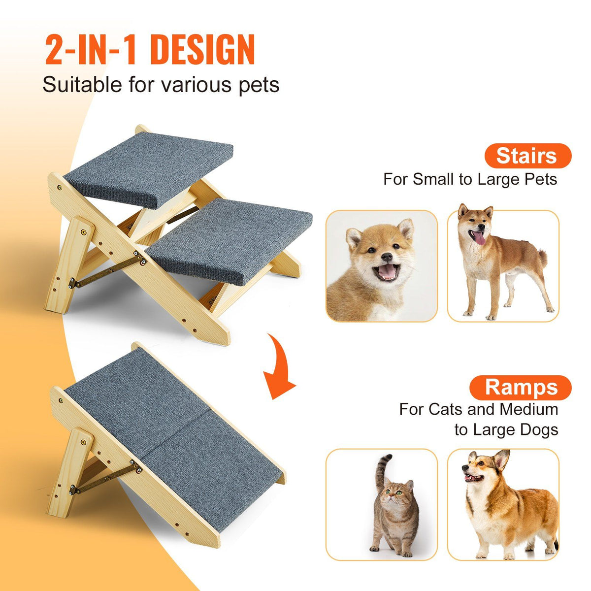 Wooden Pet Steps, Convertible 2-in-1 Dog Stairs and Ramp for Beds, Sofas, and Vehicles, Supports Small to Large Animals up to 110 lbs, Foldable Design for Easy Storage