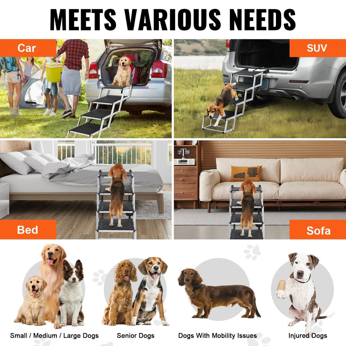Dog Stair for Cars, Wide 4-step Dog Car Steps, Folding Dog Car Ramp with Nonslip Surface, Portable Pet Steps Lightweight Aluminum for Car, SUV and Truck, Supports up to 150 lbs