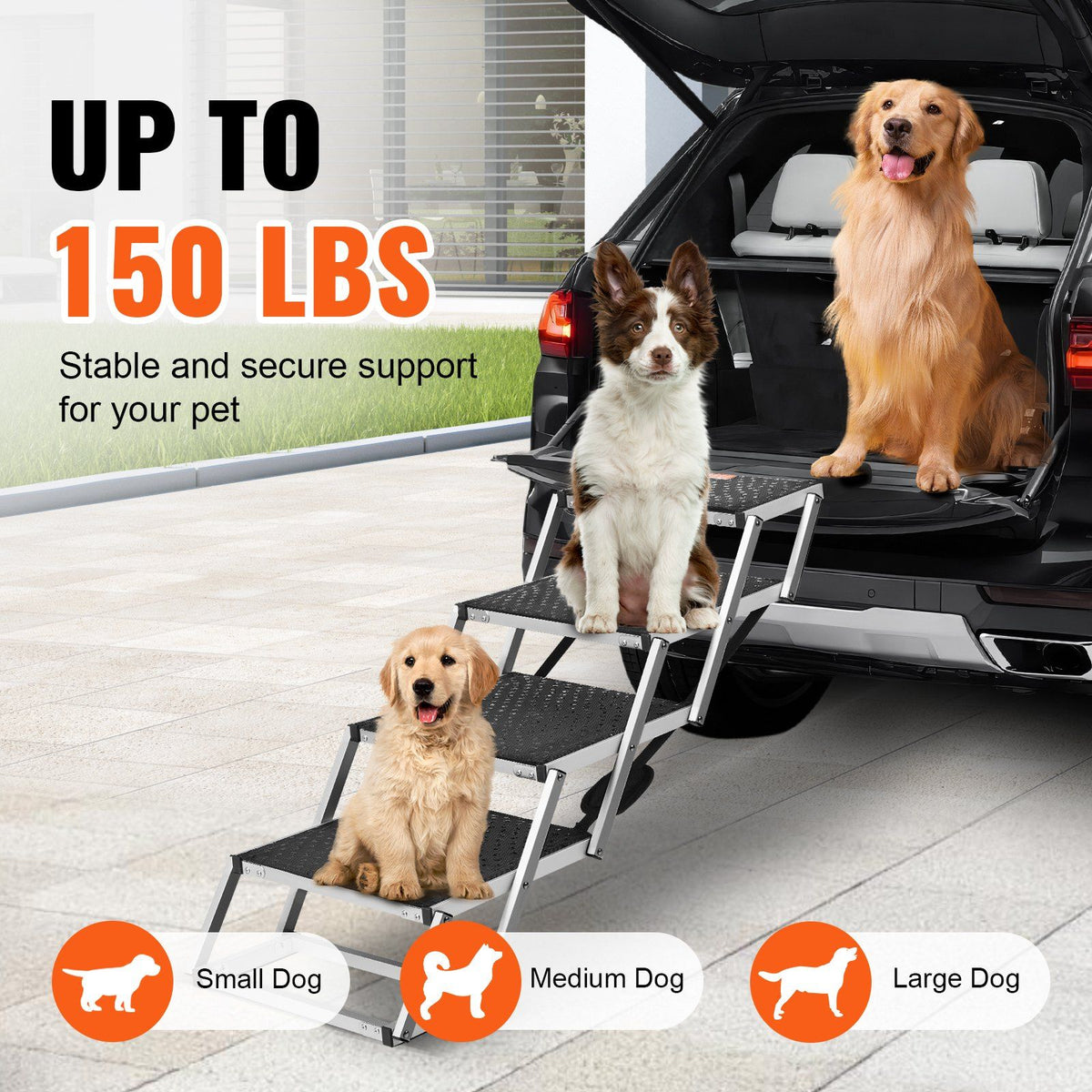 Dog Stair for Cars, Wide 4-step Dog Car Steps, Folding Dog Car Ramp with Nonslip Surface, Portable Pet Steps Lightweight Aluminum for Car, SUV and Truck, Supports up to 150 lbs
