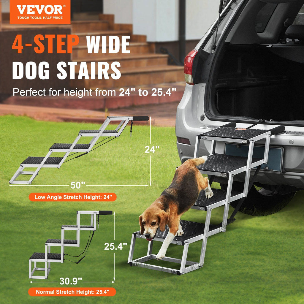 Dog Stair for Cars, Wide 4-step Dog Car Steps, Folding Dog Car Ramp with Nonslip Surface, Portable Pet Steps Lightweight Aluminum for Car, SUV and Truck, Supports up to 150 lbs