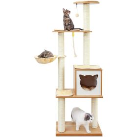 Cat Tree, Modern Cat Tree Tower for Indoor Cats - 65" Tall Wood Condo with Hammock, Scratching Post